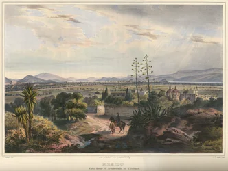 Mexiko, gesehen vom Erzbistum Tacubaya. Mexiko-Stadt gesehen von Tacubaya. Handkolorierte Lithografie mit Gummiarabikum hervorgehoben. Originalgröße (saubere Linien)